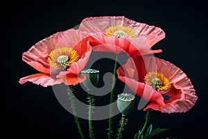 Red poppy flowers on black, symbol of remembrance, armistice, anzac day, honoring fallen soldiers