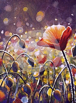 Red poppy flowers field sunset sun rays acrylic artistic handmade watercolor painting background