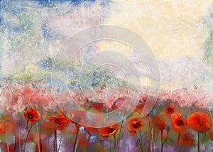 Red poppy flowers filed water color painting
