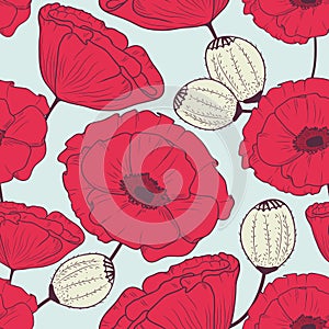 Red poppy flowers seamless pattern