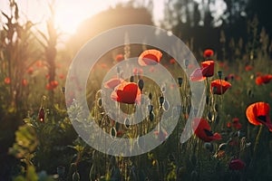 Red poppy flowers sunset. Generate Ai