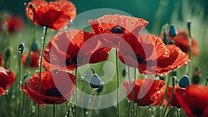 red poppy flowers web banner with red poppy flowers and water drops on a blurred green background red poppy