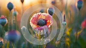 Red Poppy Among Pastel Wildflowers at Sunset photo