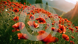Red poppy. Poppy bloom at sunset. Mountain landscape with blooming red poppy. Mountain panorama. Selective focus. AI generated