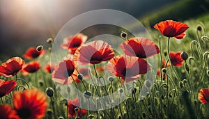 Red poppy. Poppy blossom. Mountain landscape with blooming red poppy. Panorama of flowering mountain meadows