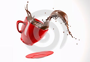 Red porcelain Mug cup with liquid chocolate wave splash