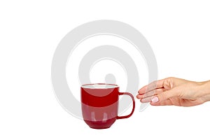 Red porcelain tea cup. Ceramic coffee mug