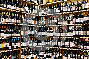 Red Port Wine Bottles On Supermarket Stand