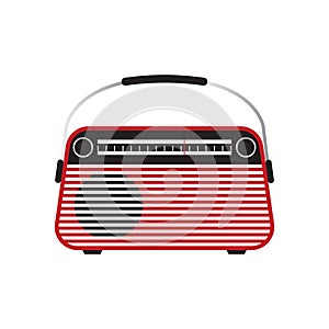 Red portable retro radio receiver in vintage style. Vector illustration