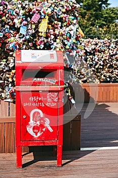 Seoul, South Korea - October 8, 2014: The red post box of letter in the lock love key area at Namsan Tower N-Seoul Tower