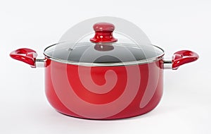 A red pot on a seamless white background