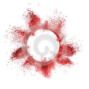 Red powder explosion behind a round frame exploding on white background