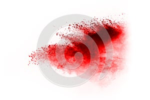 Red powder explosion on white background. Colored cloud. Colorful dust explode.