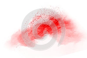 Red powder explosion on white background. Colored cloud. Colorful dust explode.