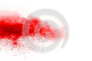 Red powder explosion on white background. Colored cloud. Colorful dust explode.