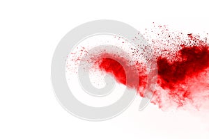 Red powder explosion on white background. Colored cloud. Colorful dust explode.