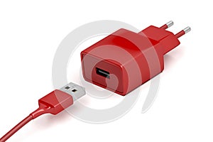 Red power adapter and USB cable