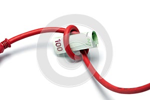 Red power plug and hundred euro banknote isolated on white.