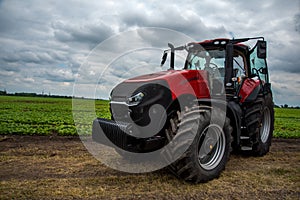 red powerful tractor near a field of young beets, agriculture, preparation for the season