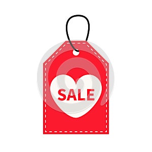 Red price tag on cord. White heart. Happy Valentines Day discount price tags. Big sale label. Special offer labels. Love sticker.