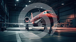 red private jet standing in a hangar at night, generated ai image