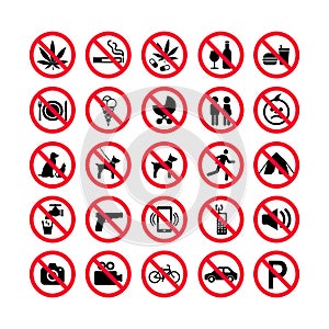 Red prohibition icons set. Prohibition signs. Forbidden sign icons.