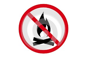 Red prohibition sign with a campfire symbol is isolated on a white background. No bonfire allowed icon