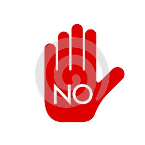 Red prohibition sign. Stop hand icon. No symbol isolated on white. Vector illustration