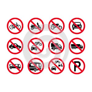 Red prohibition vehicles signs. No motor vehicles, no bicycles, no automobiles. Trucks, busses, camper vans, scooters, motorcyc