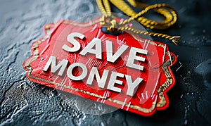 Red promotional tag with golden string stating SAVE MONEY in bold white letters, symbolizing financial savings and budgeting