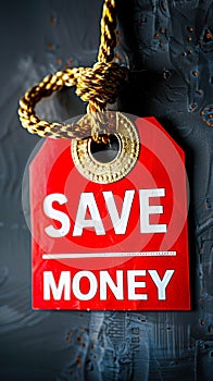 Red promotional tag with golden string stating SAVE MONEY in bold white letters, symbolizing financial savings and budgeting