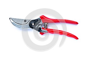 Red pruning shears isolated on white background