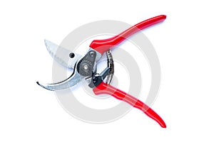 Red pruning shears isolated on white background