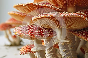 red psychoactive fly agaric mushrooms on a white background