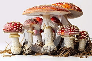 red psychoactive fly agaric mushrooms on a white background