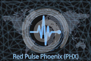 Red Pulse Phoenix PHX Abstract Cryptocurrency. With a dark background and a world map. Graphic concept for your design