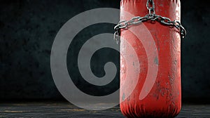 Red punching bag with chains studio lighting dark background
