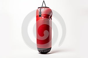 Red punching bag hanging isolated on white background. Concept of fitness equipment, boxing workout accessories, sports