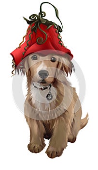 Red puppy in red hat-bell. Watercolor painting