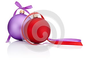 Red and Purple Christmas Ball with ribbon bow Isolated on white