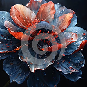 Red-purple flower close-up with drops of water, rain, dew. Flowering flowers, a symbol of spring, new life