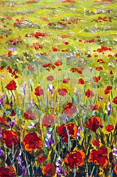 Red and purple flowers in yellow grass. Flower field, meadow flowers monet painting claude impressionism