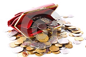 Red purse and coins