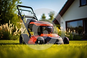 A red push mower sits on a lush green lawn on a beautiful day. AI Generated