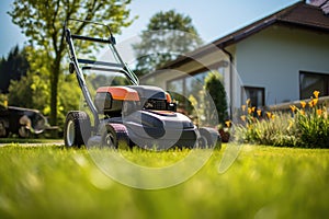 A red push mower sits on a lush green lawn at beautiful day. AI Generated