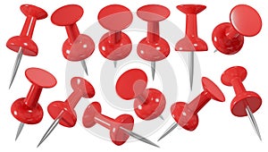 Red push pin in different angles. Realistic attach button set. 3D rendering.