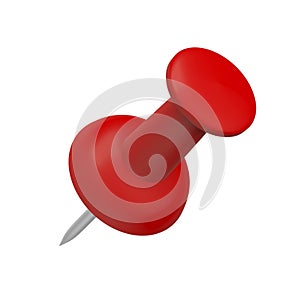 Red push pin isolated on white background.
