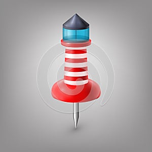 Red push pin lighthouse isolated, vector.