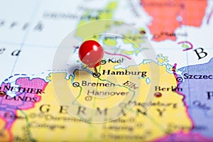 Red push pin on map of Germany