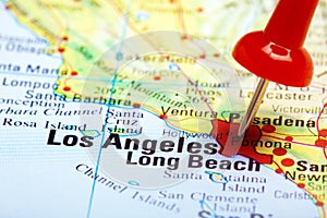 Red push pin pointing at Los Angeles